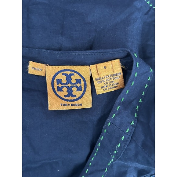 Tory Burch Ruffle Front Tank Top Navy Blue Green Stitching Buttons Size‎ 8 - Picture 5 of 8